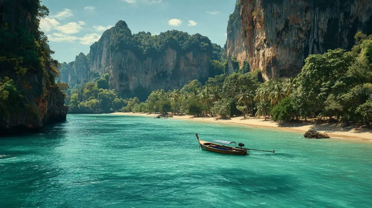 Railay Beach Krabi mit Kalksteinfelsen und Longtail-Boot