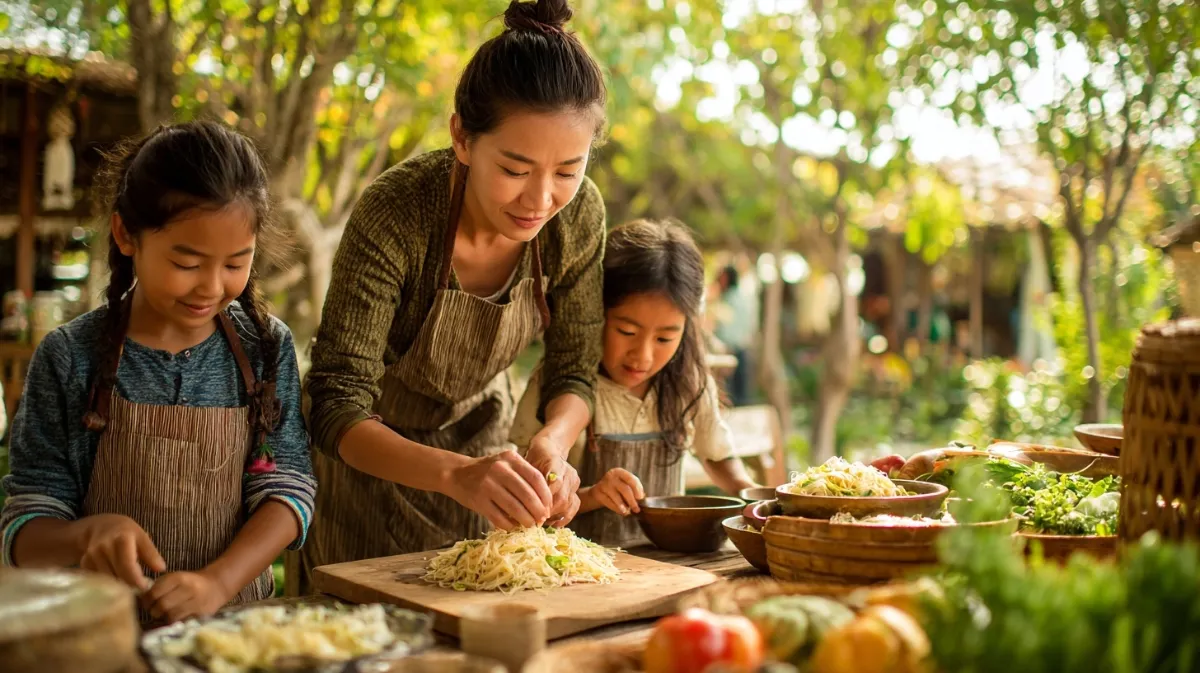 Familie beim Thai-Kochkurs in Chiang Mai