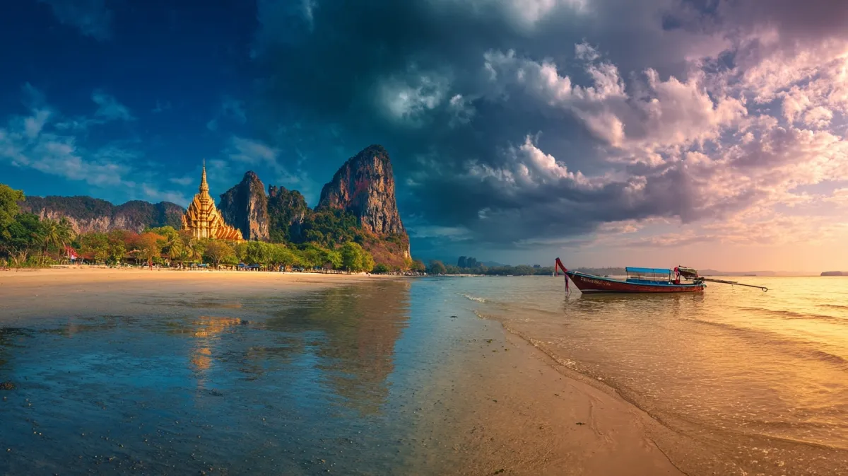 Thailand Panorama: Goldener Tempel und tropischer Strand